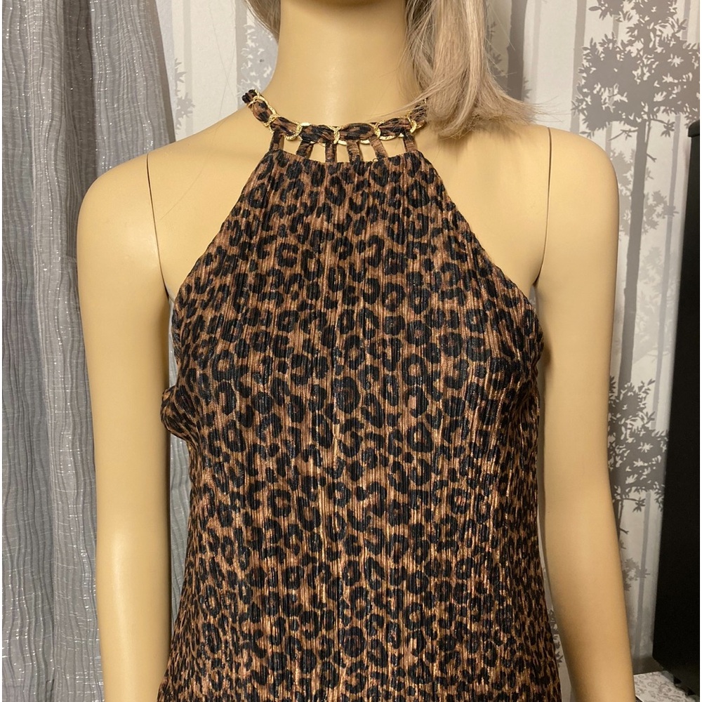 Chic Gold Threaded Lined Leopard Print Sleeveless Halter Top size Small